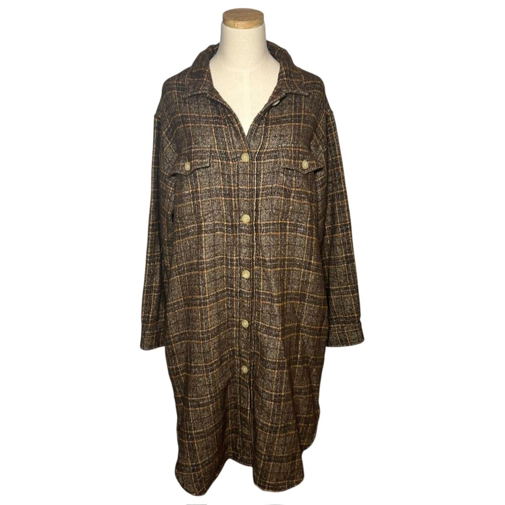 Frank & Eileen Oversized Long Brown Wool Blend Plaid Shirt Jacket, Large
